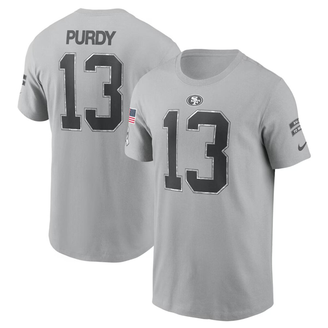 Men's Gray San Francisco 49ers #13 Brock Purdy 2024 Salute To Service Name & Number T-Shirt